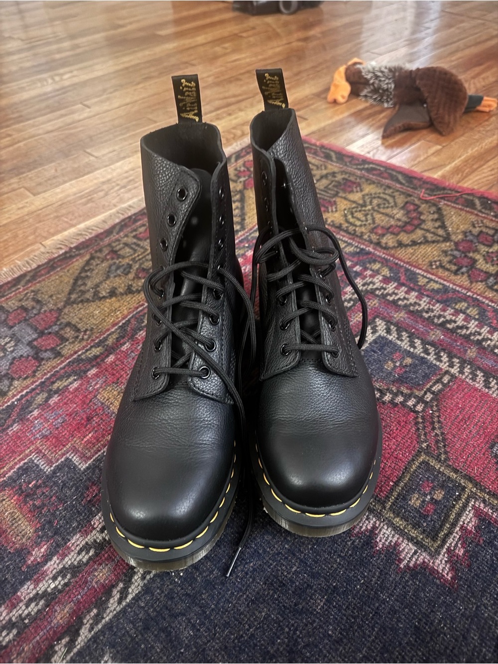 Dr. Martens Black Leather Lace-Up Combat Boots with Yellow Stitching